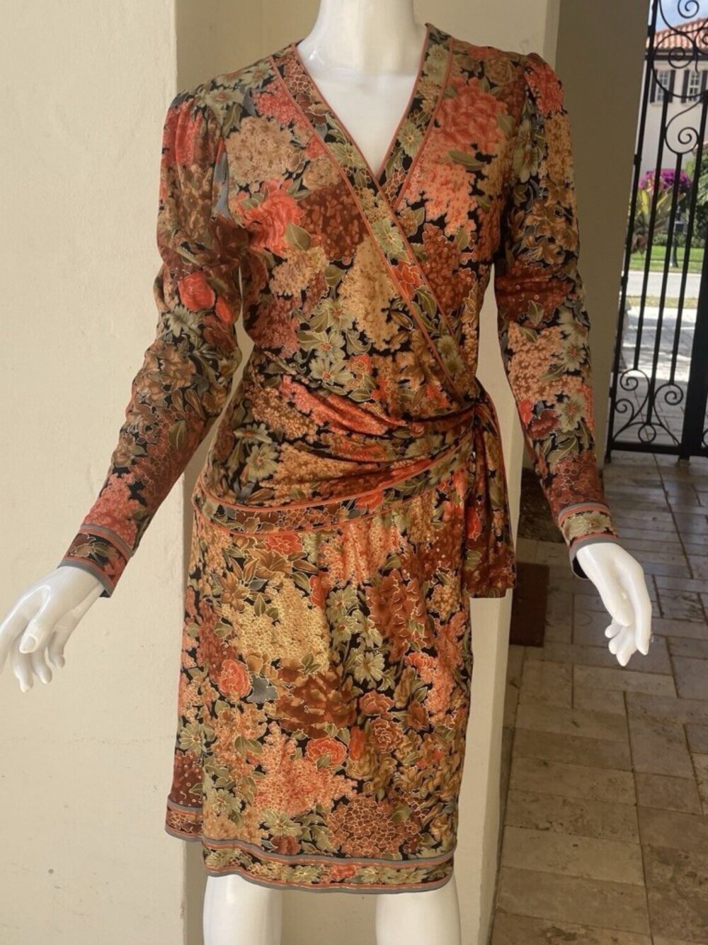 Vintage LEONARD Signed 100% Silk with Gold Floral Print Dress, France Size 3